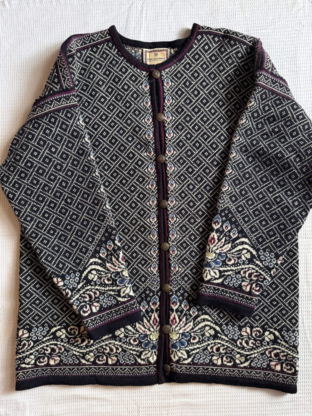 Dale of Norway Navy, Cream & Burgundy Floral Border Cardigan
